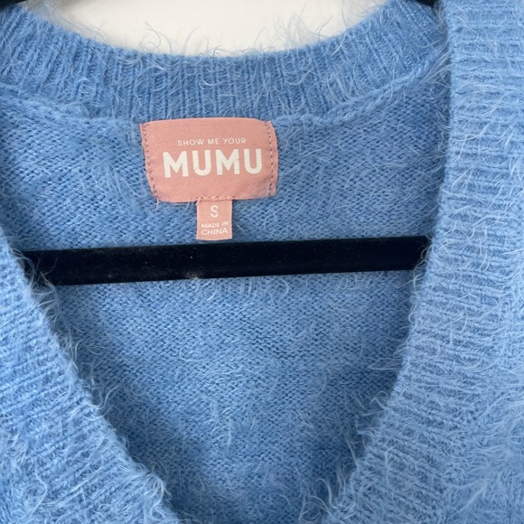 Show Me Your Mumu Cozy Forever Sweater Light Blue Fuzzy V Neck Size Small - Picture 4 of 8